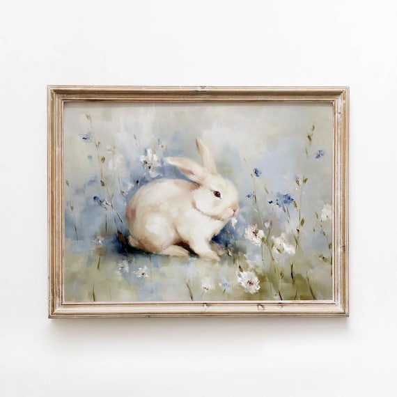 White Rabbit Pastel Cottagecore Meadow Floral Cozy Nursery Decor Print