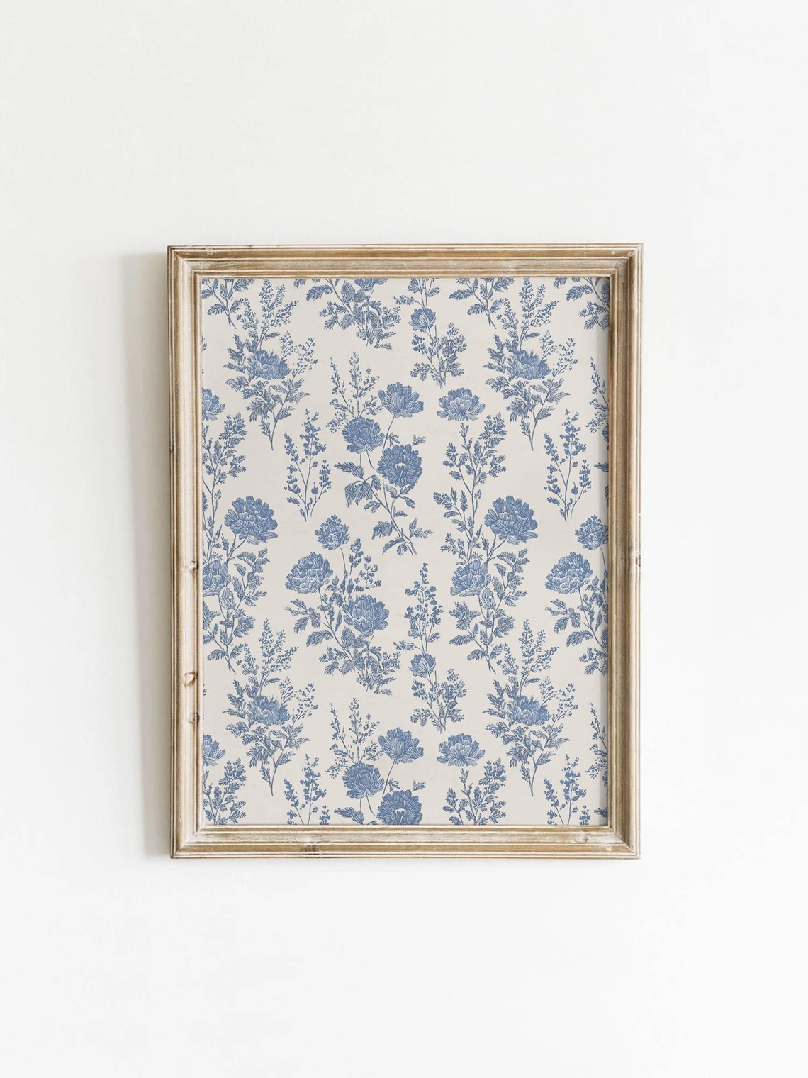 Blue Floral Toile Pattern Navy Cream Vintage Botanical Wallpaper Poster