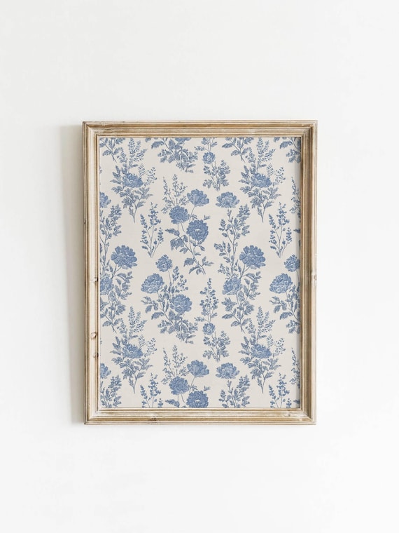 Blue Floral Toile Pattern Navy Cream Vintage Botanical Wallpaper Poster
