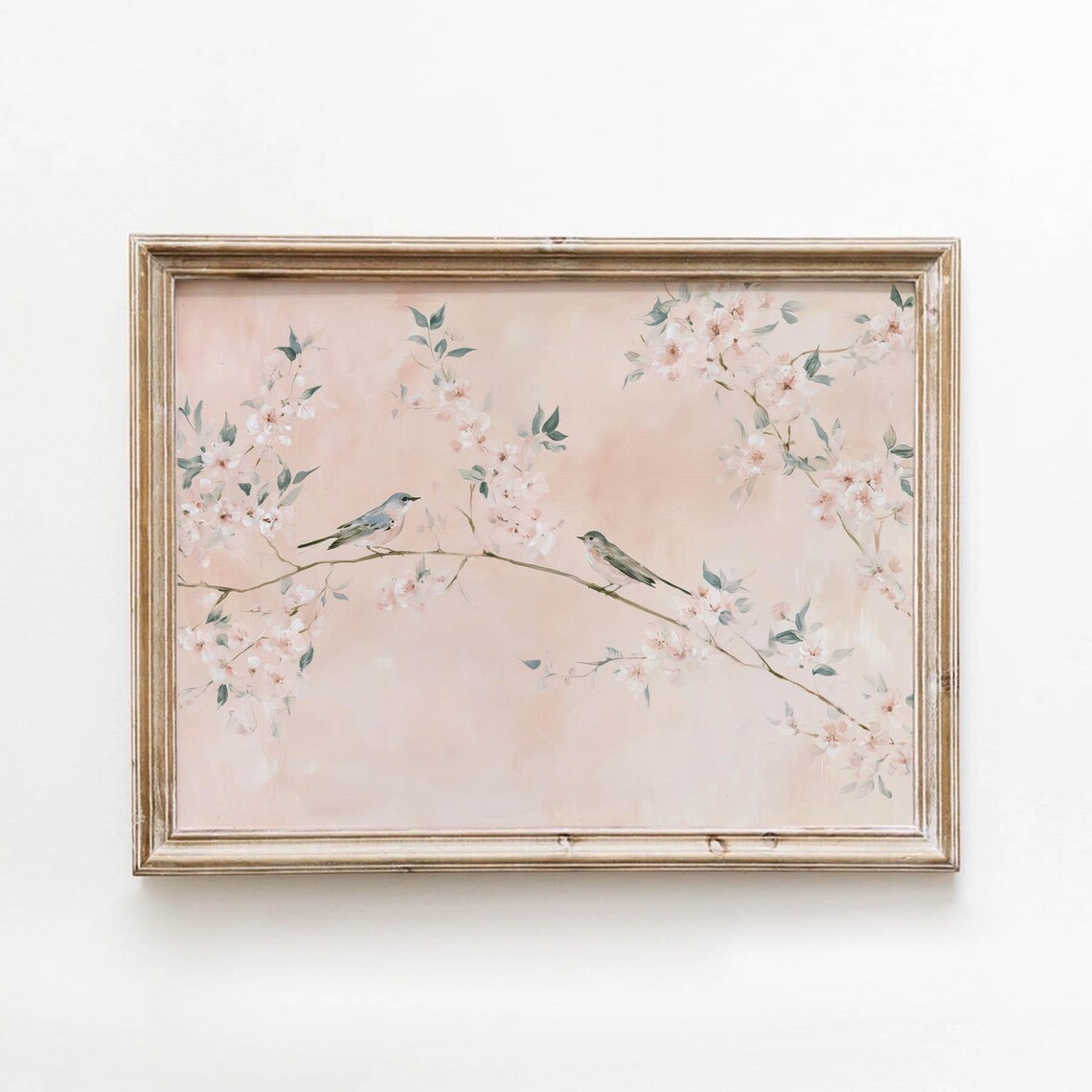 Birds On Cherry Blossom Branch Pink Spring Vintage Cottagecore Wall Art