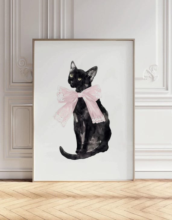 Vintage Black Cat Pink Bow, Dark Academia Art Print