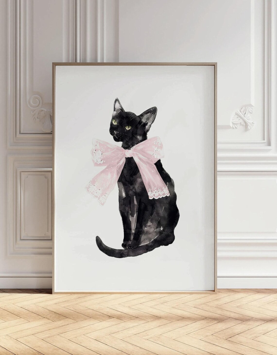Vintage Black Cat Pink Bow, Dark Academia Art Print
