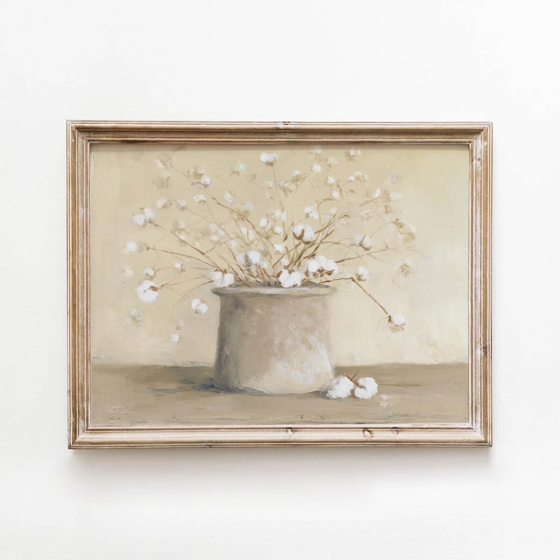 Vintage Cotton Stems Rustic Stone Pot Neutral Farmhouse Still Life Poster
