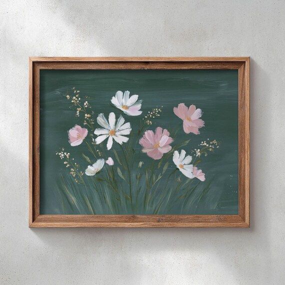 Cosmos Wildflowers Pink White Blooms Deep Green Botanical Art Print