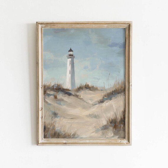 Coastal Lighthouse Printable Muted Neutral Wall Art Vintage Beach Dunes Decor Rustic Seaside Painting Sandy Shore Download 462