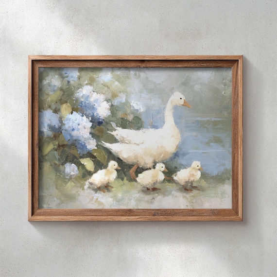 Mother Goose Goslings Poster Print Geese Painting Cozy Country Scene Soft Farmhouse Decor Spring Summer Wall Art P206