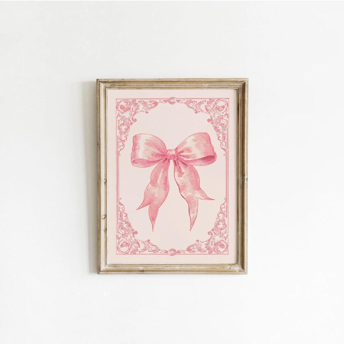 Pink Coquette Ribbon Bow Vintage Engraving Feminine Wall Art Decor