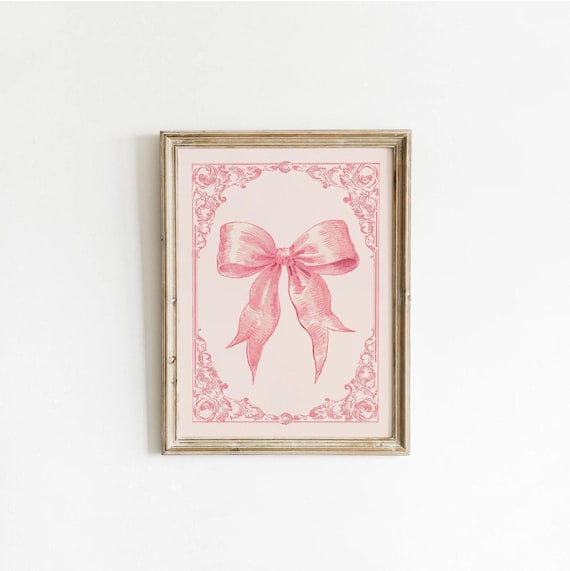 Pink Coquette Bow Preppy Wall Art Vintage Girls Room Decor Retro Girly Artwork Soft Girl Feminine 002av