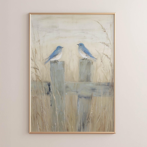 Bluebirds On Weathered Fence Posts Rustic Meadow Scene Muted Tan Beige Dusty Blue Poster Print Cottage Country Art 0496