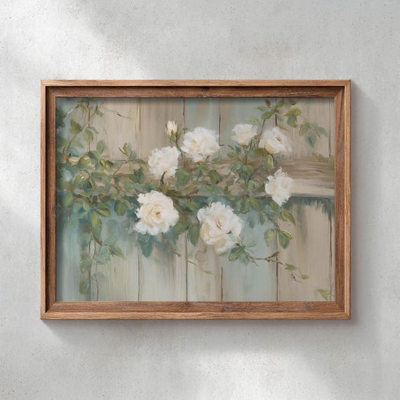 White Climbing Roses On A Weathered Fence Muted Vintage Floral Poster