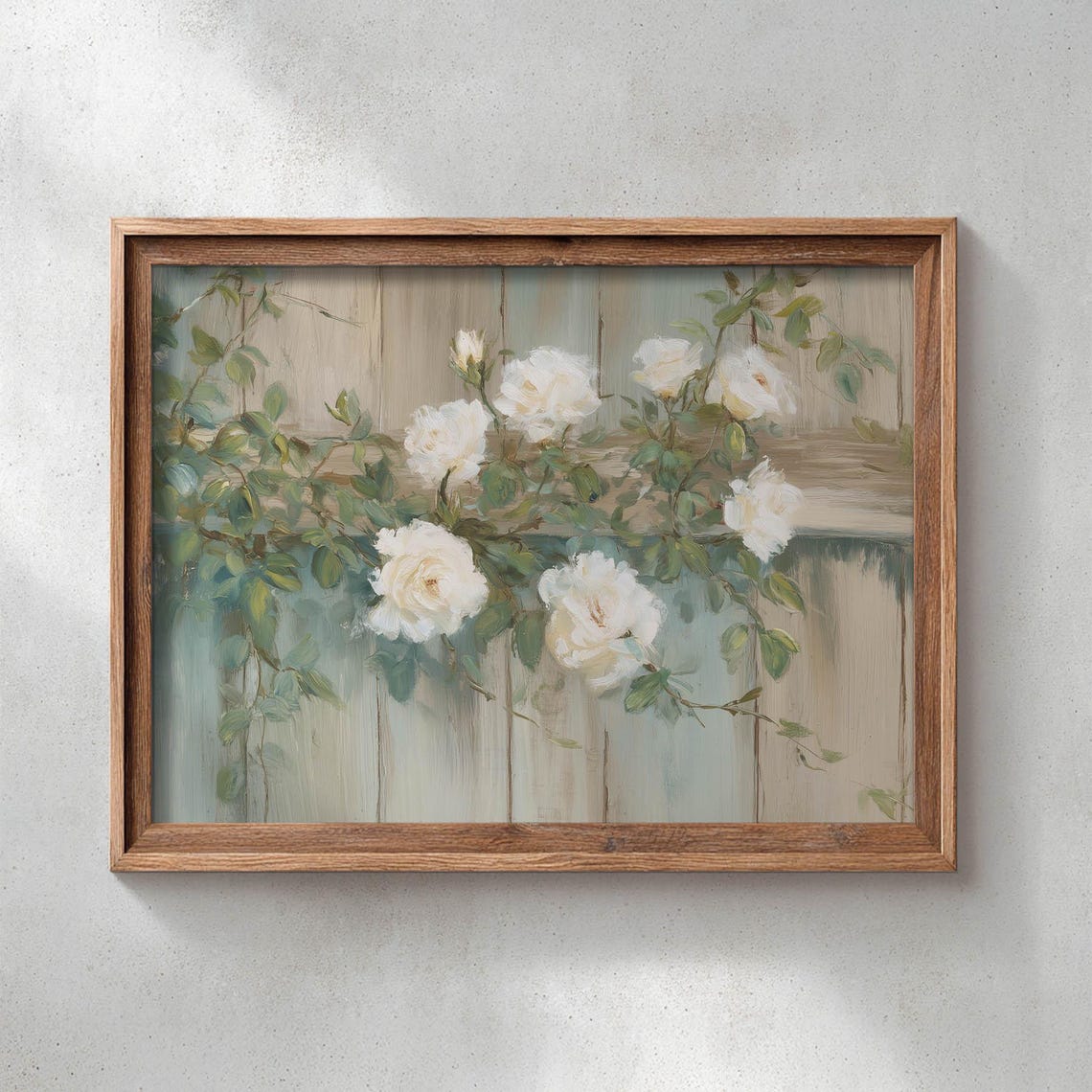 White Climbing Roses On A Weathered Fence Muted Vintage Floral Poster