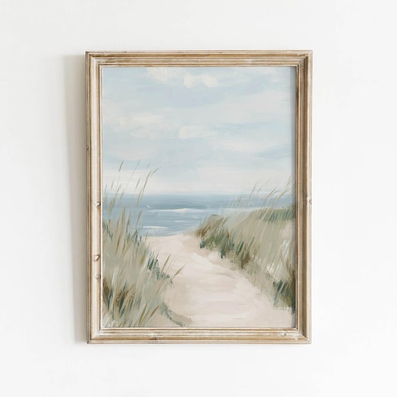 Coastal Beach Path Through Tall Grass Muted Beige Sandy Landscape Soft Blue Sky Vintage Seascape Wall Art Printable Download 720