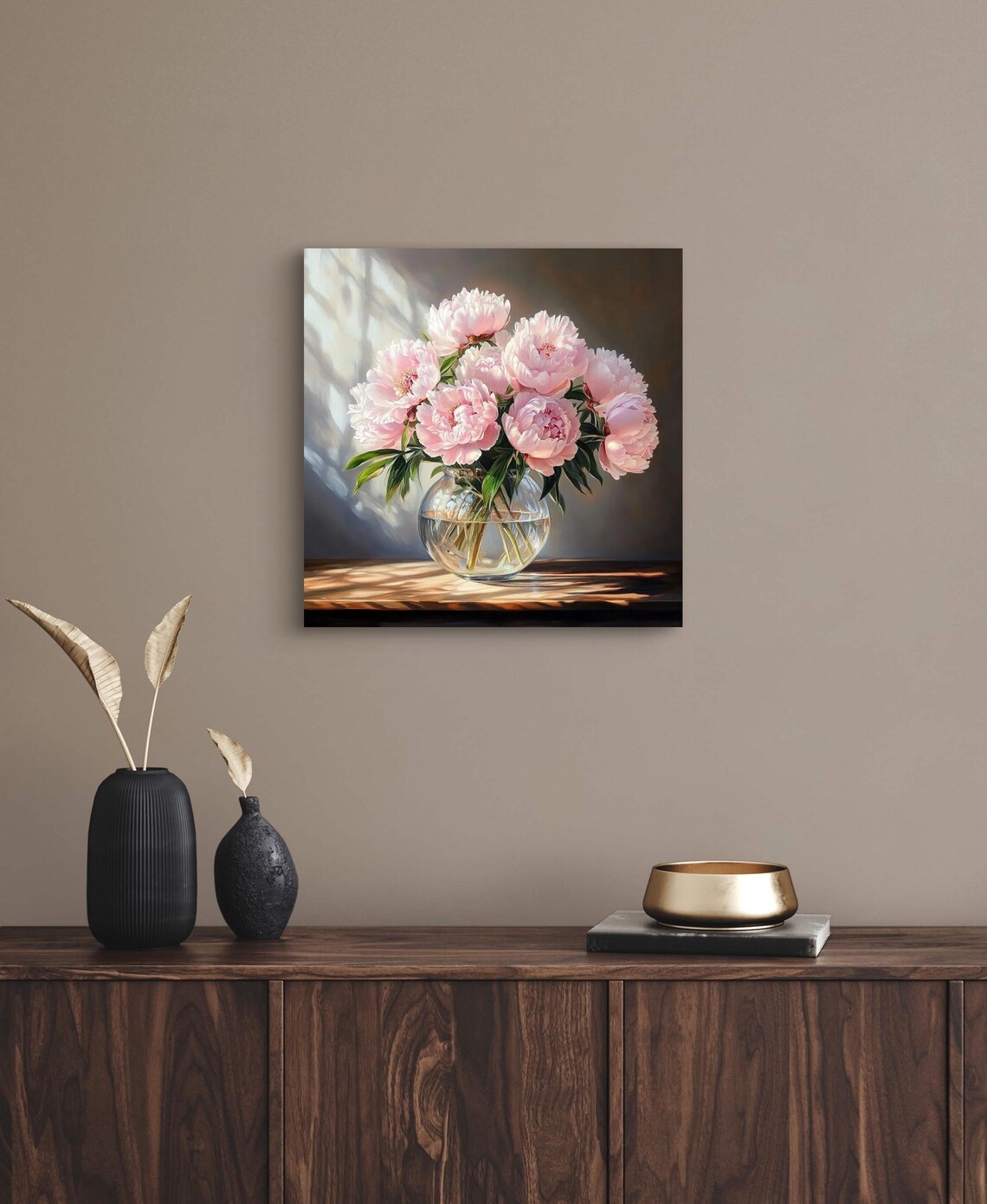 Blush Pink Peonies Glass Vase Sunlit Classic Floral Art Poster - Image 2