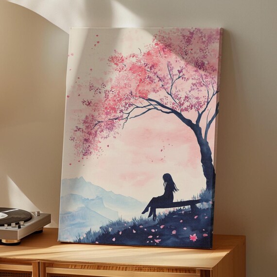 Cherry Blossom Girl Silhouette Watercolor Japanese Spring Poster