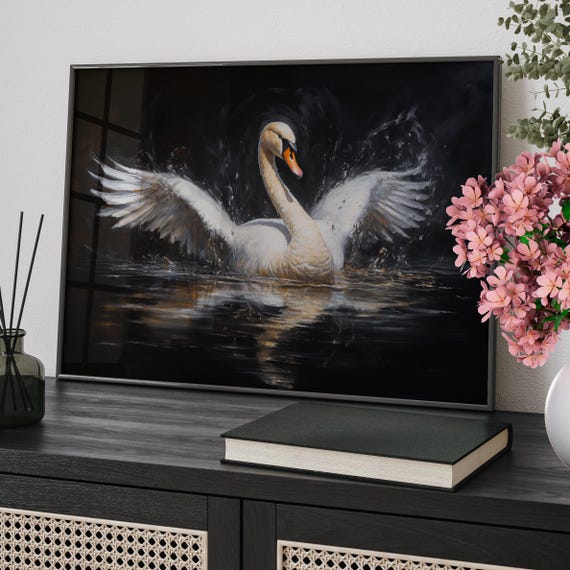 Moody Rustic Minimalist Antique Swan Country Art Print Or Canvas Oil Palette Graceful Swimming Painting Neutral Calming Living Room