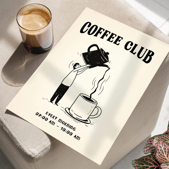 Coffee Club Print Typography Wall Art Poster Or Canvas Retro Kitchen Funny Trendy