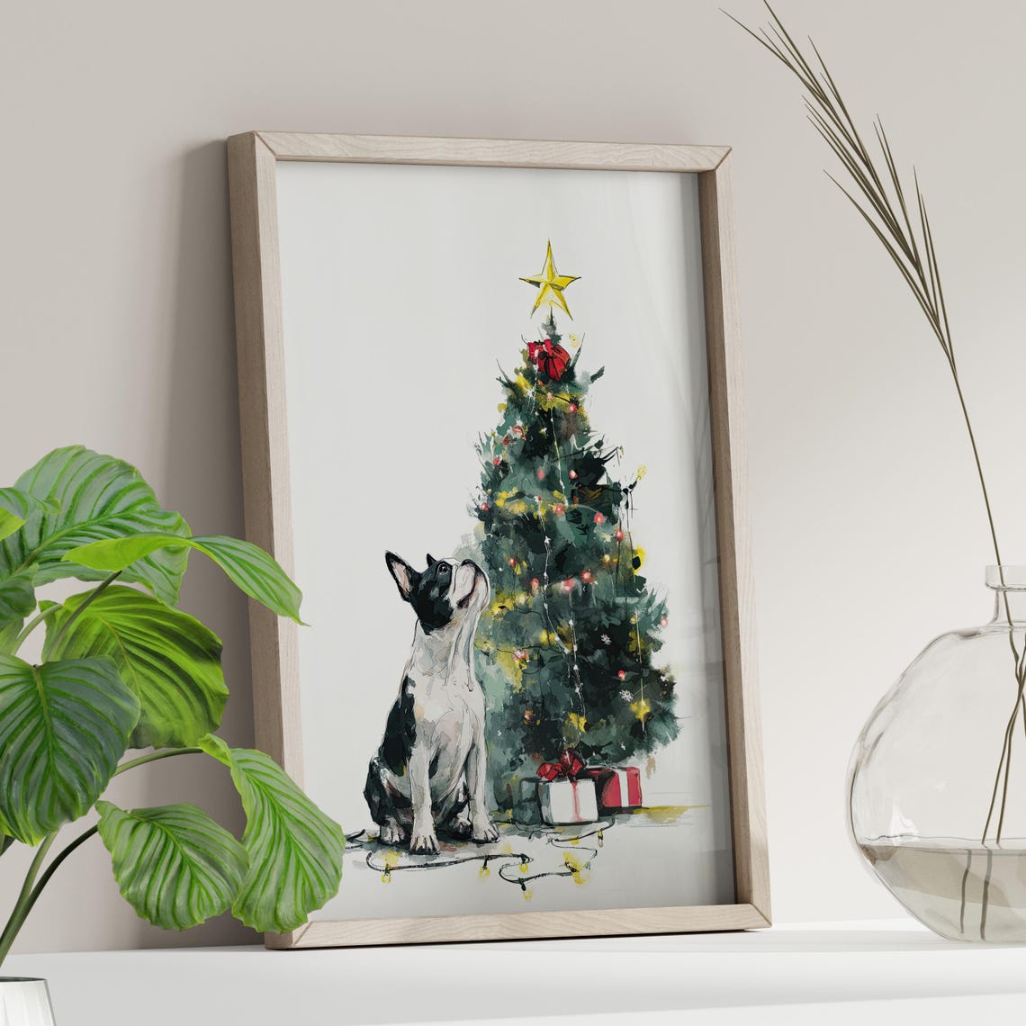 Playful Puppy Admiring A Decorated Christmas Tree Watercolor Poster