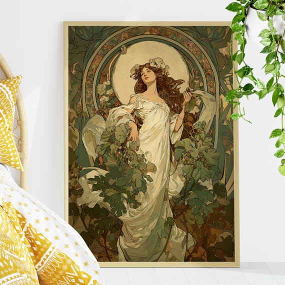 Floral Art Nouveau Woman Poster Or Canvas Print Alphonse Mucha Inspired Vintage Wall Elegant With Vines Botanical Decor