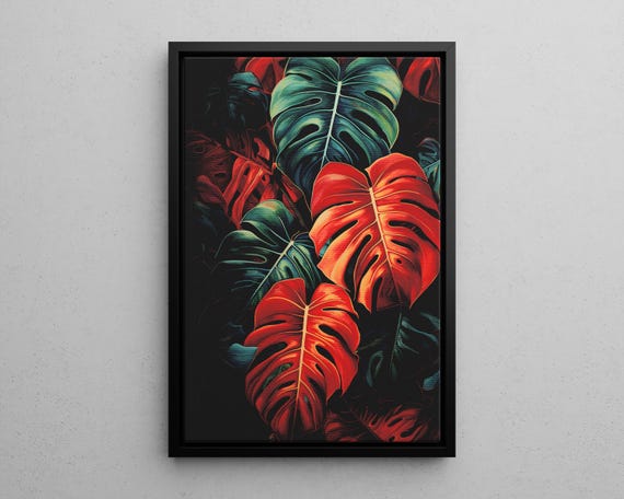Green And Red Tropical Palm Leaves Minimalist Wall Art Print Or Canvas Boho Style Botanical Jungle Vibe Viridian Forest Moody Poster