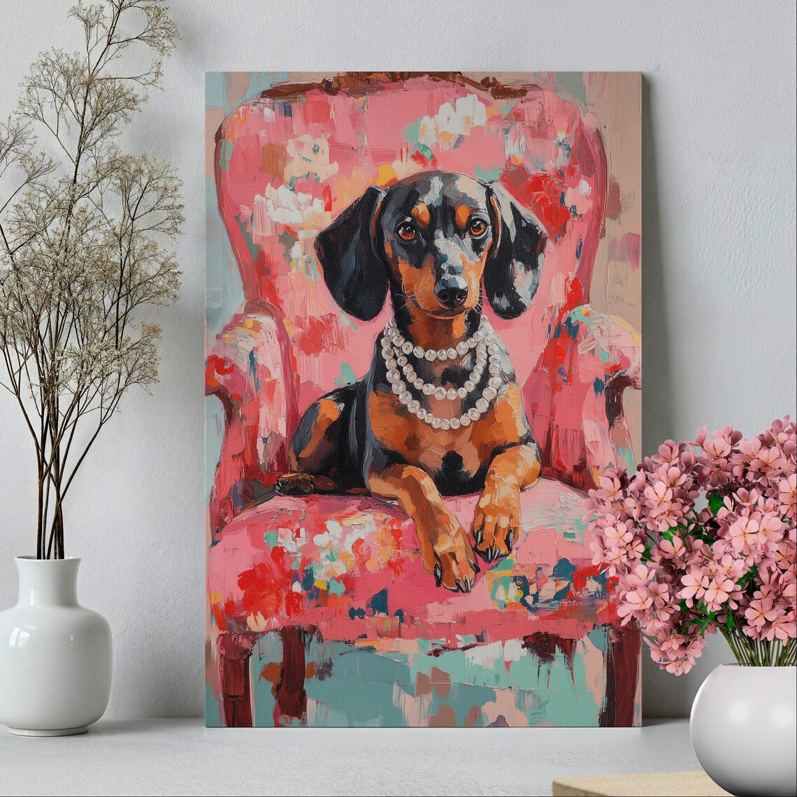 Dachshund Dog Wearing Pearls On Pink Floral Chair Oil Painting Print - Image 2