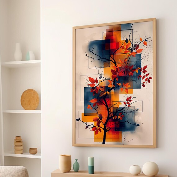 Autumn Tree Branch Geometric Illustration Watercolor Art Poster Or Canvas Modern Aesthetics Home Decor Colorful Botanical Nature Wall