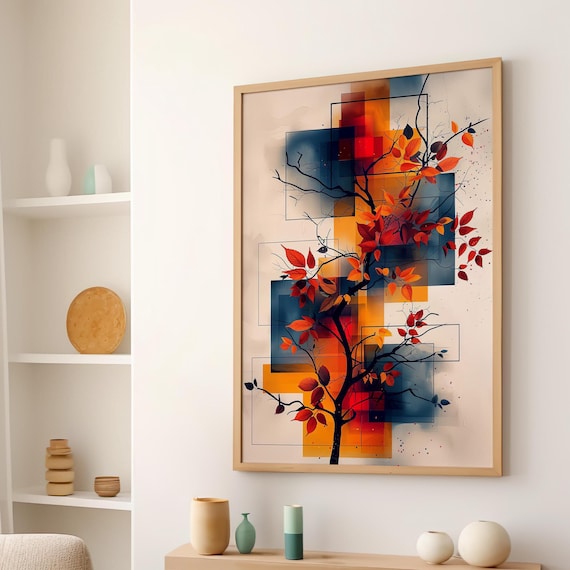 Geometric Autumn Tree Red Leaves Modern Abstract Watercolor Print
