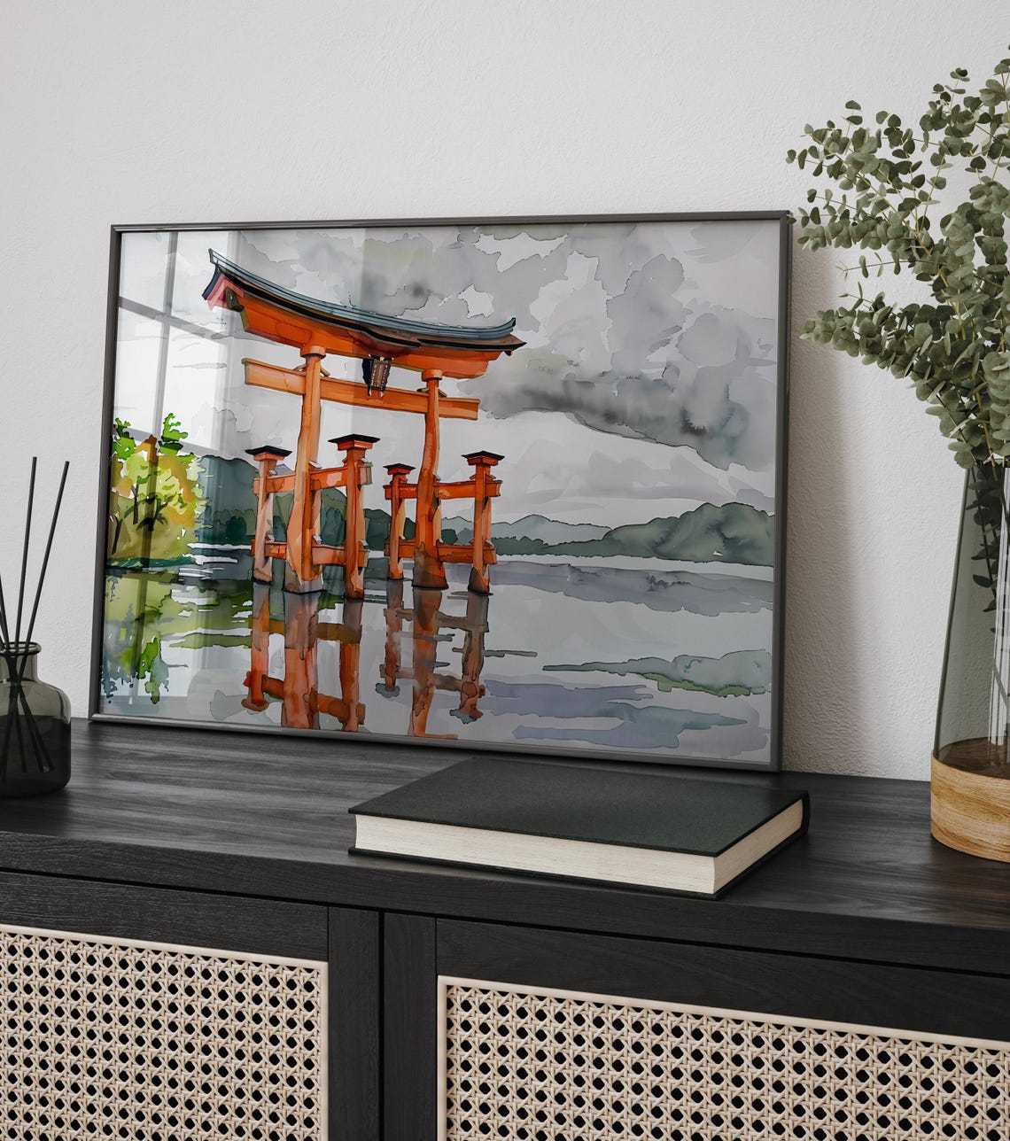 Red Torii Gate Reflection in Water Japanese Watercolor Poster