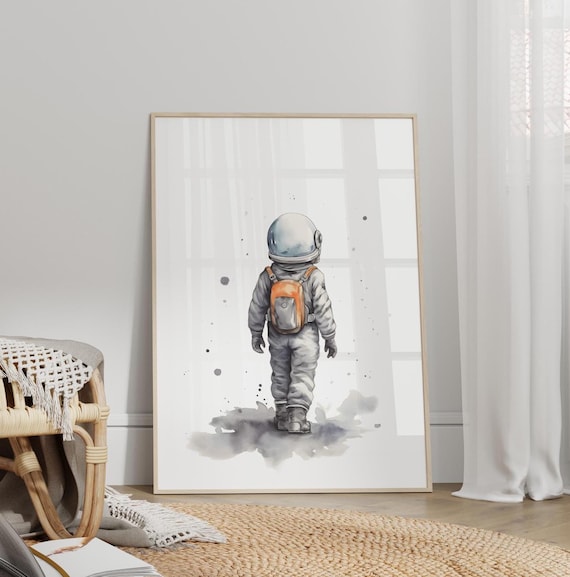 Watercolor Boy Astronaut With Orange Backpack Space Nursery Poster