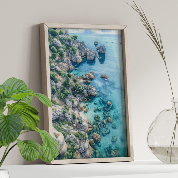 Turquoise Cove Aerial Rocky Coastline Watercolor Coastal Wall Art
