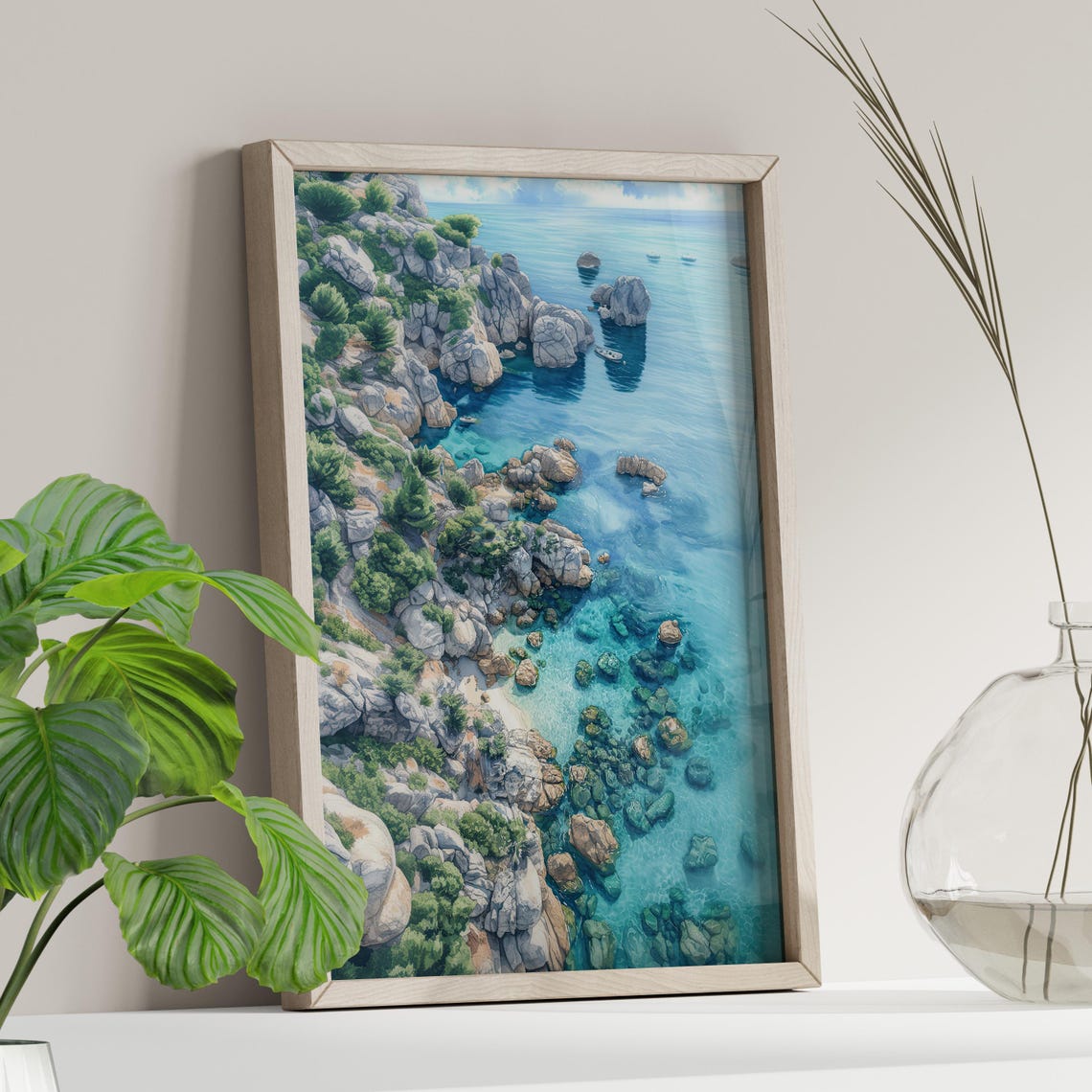 Turquoise Cove Aerial Rocky Coastline Watercolor Coastal Wall Art