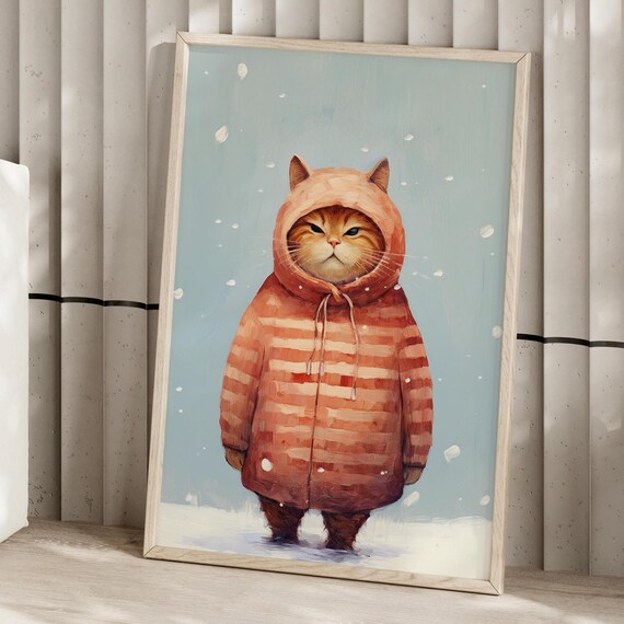 Grumpy Orange Cat In Striped Coat Funny Christmas Winter Wall Art