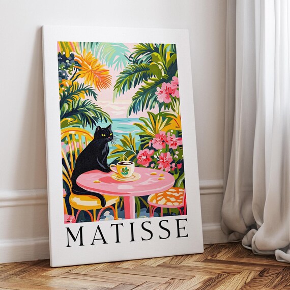 Black Cat Drinking Coffee Tropical Cafe Matisse Style Poster