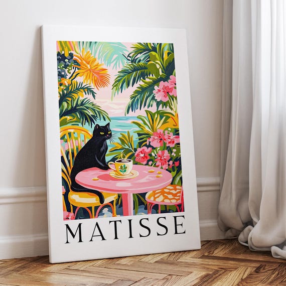 Black Cat Drinking Coffee Wall Art Poster Or Canvas Print Preppy Tropical Botanical Funny Henri Matisse Kitchen Decor