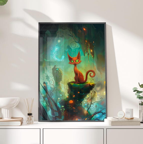 Red Cat Fantasy Art Print Poster Or Canvas Colorful Whimsical Animal Kids Room Wall Decor In The Spooky Forest