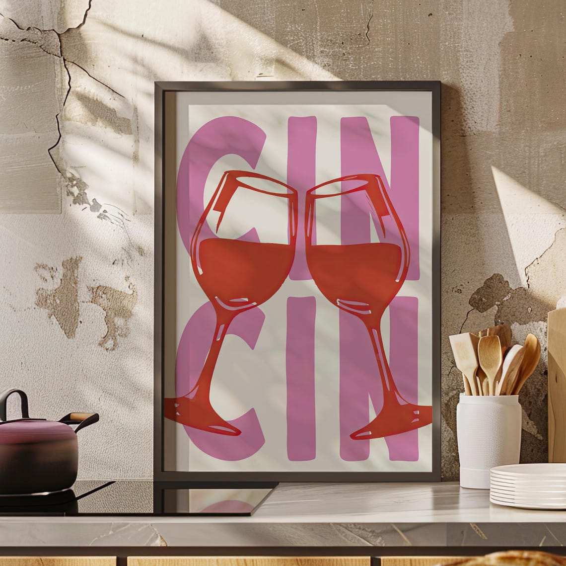 Cin Cin Wine Toast Typography Red Clinking Glasses Kitchen Wall Art