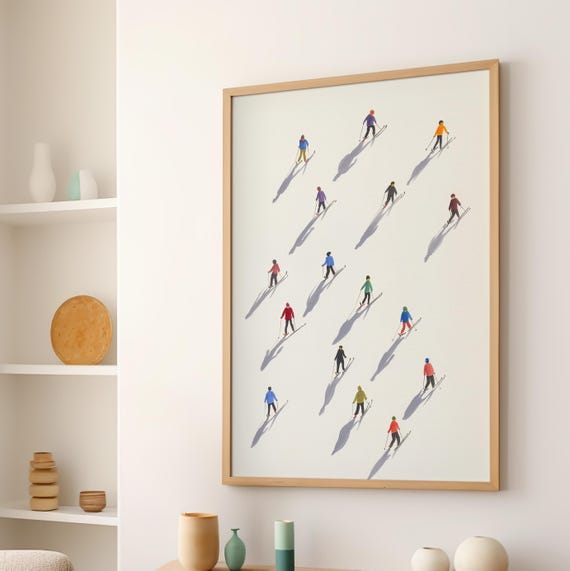 Watercolor Mini Skiers Art Poster Or Canvas Print Minimalist Winter Ski Decor Out Of Office Snowy Cute Holiday