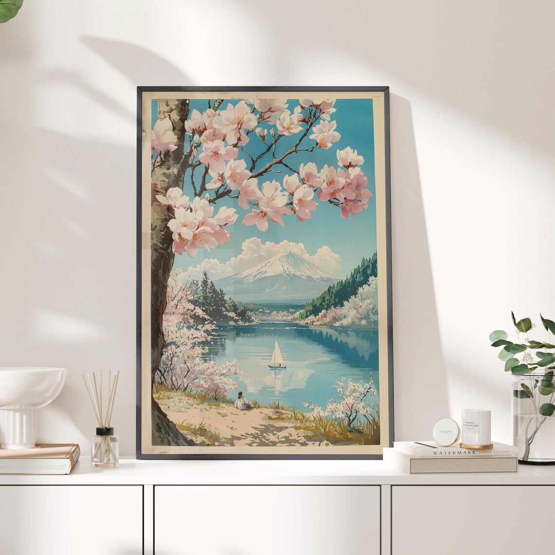 Mount Fuji Cherry Blossom Lake Sailboat Vintage Japan Travel Poster - Image 4