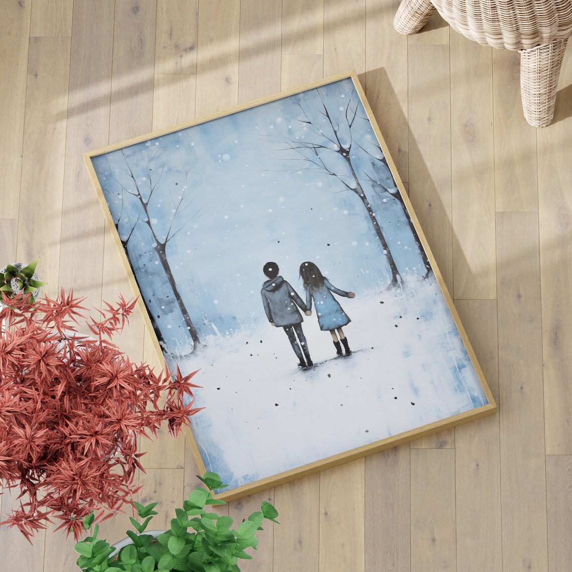 Romantic Couple Walking Hand In Hand Through Snow Winter Art Poster