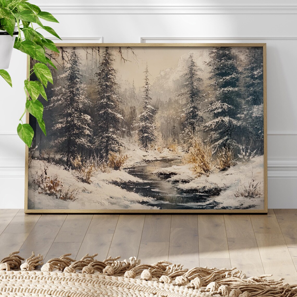 Snow Covered Pine Forest Stream Vintage Winter Oil Painting Poster