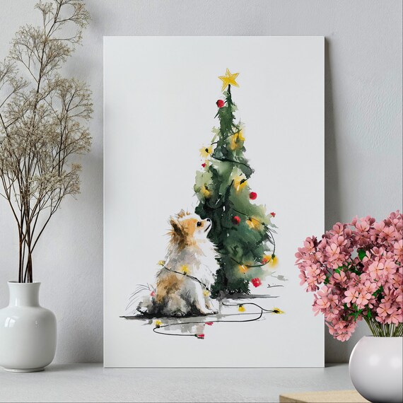 Pomeranian Puppy Beside Decorated Christmas Tree Watercolor Poster