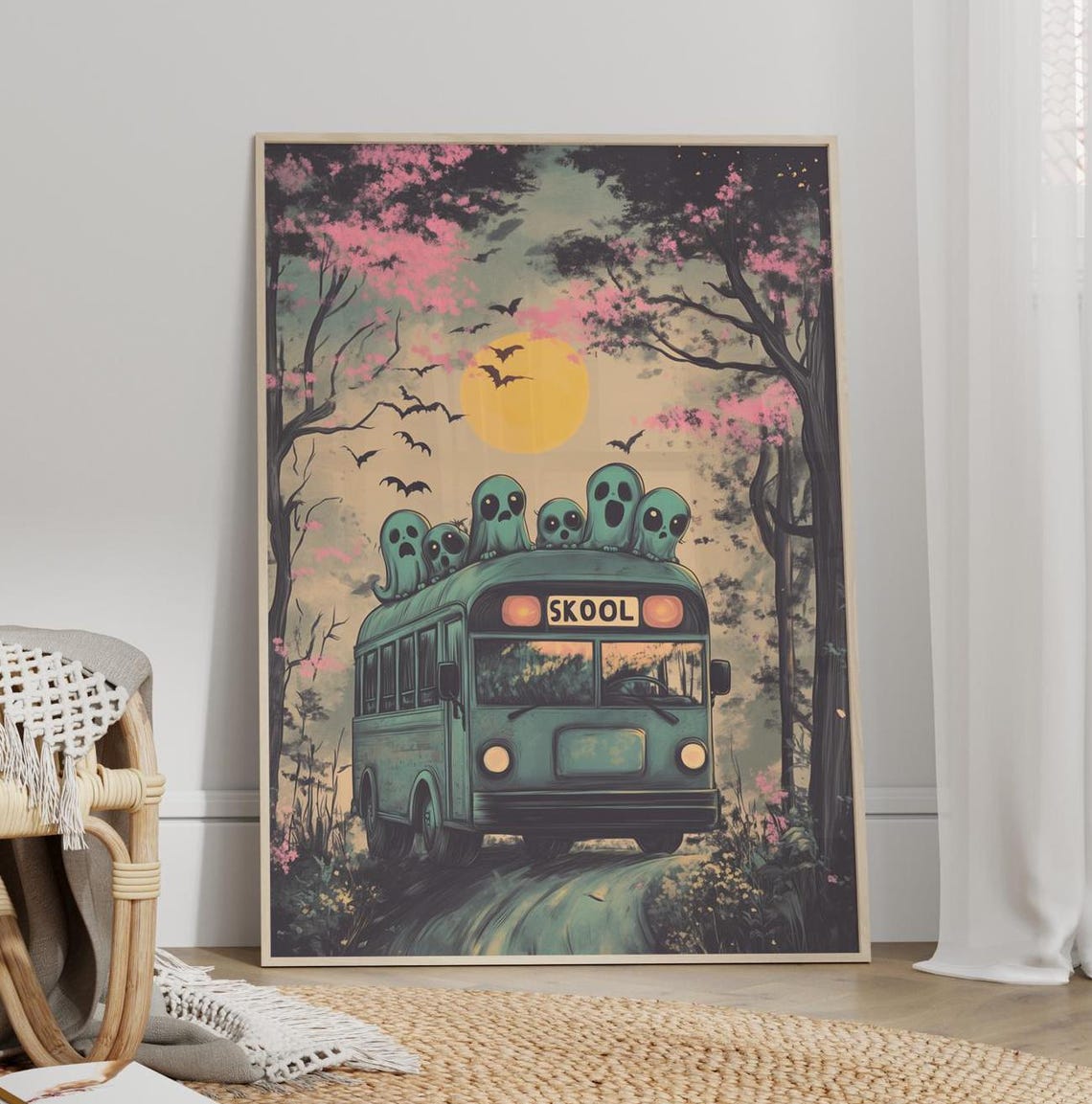 Cute School Bus Picking Up Little Ghosts Poster Or Canvas Print Dark Spooky Halloween Decor Funny Kids Art