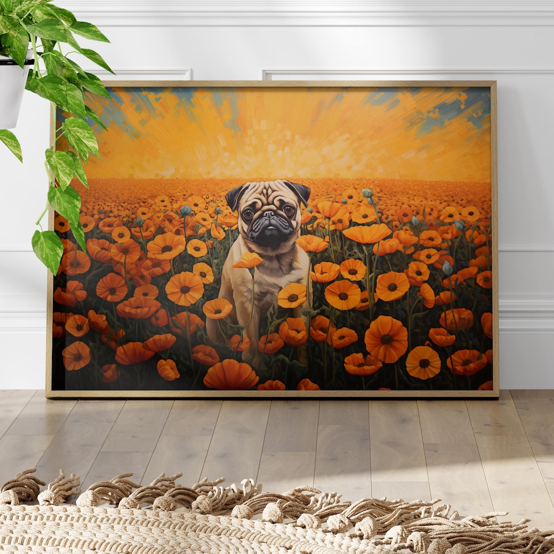 Pug Dog Golden Marigold Field Cute Moody Pet Portrait Art Print