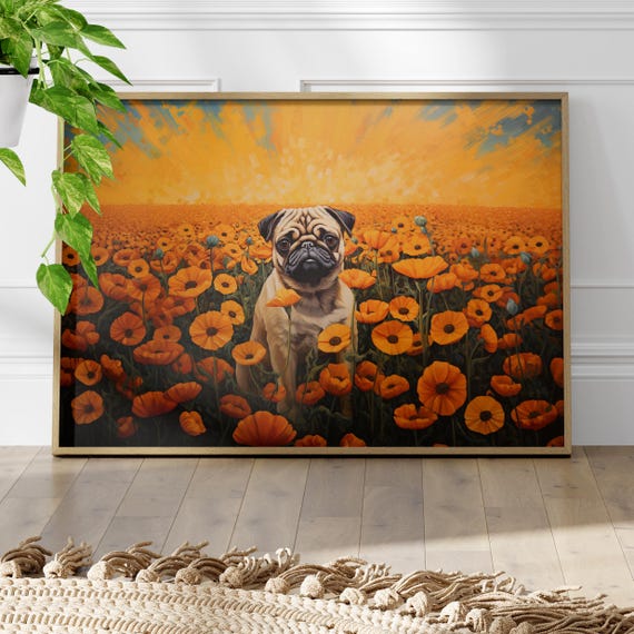 Pug In The Middle Of Marigold Field Trendy Pet Wall Art Print Or Canvas Moody Dog Lovers Decor For Fur Parents And