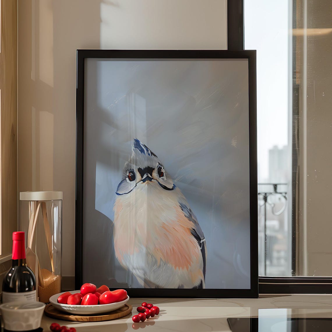 Tufted Titmouse Bird Portrait Soft Gray Whimsical Backyard Bird Poster