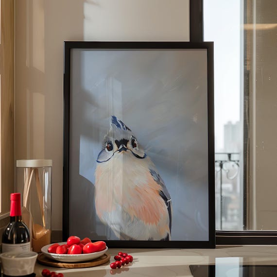 Tufted Titmouse Bird Art Print Poster Or Canvas Whimsical Cute Animal Painting Nursery Wall Decor Modern Minimalistic