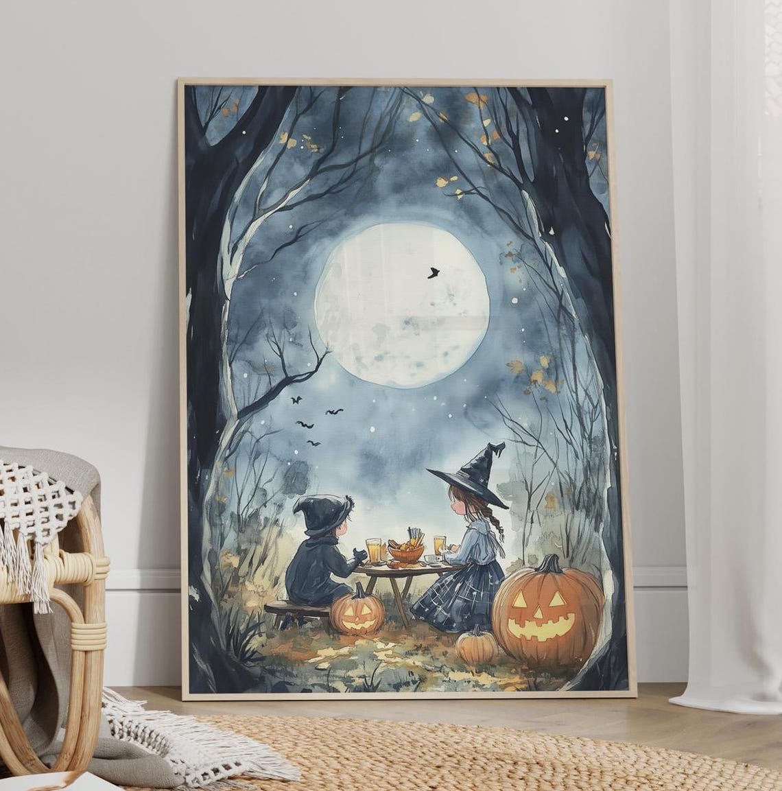 Little Witch Kids Moonlit Picnic Spooky Forest Halloween Poster