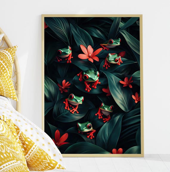 Cute Little Green Frogs Hiding In Tropical Leaves Art Print Poster Or Canvas Floral Botanical With Red Hands And Feet