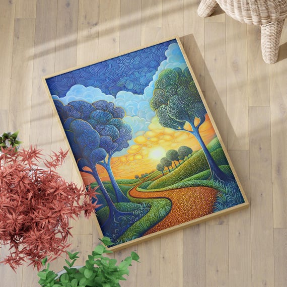 Colorful Trees And Sunset Nature Art Batik Style Oil Painting Poster Or Canvas Print Vibrant Landscape Wall Abstract Decor