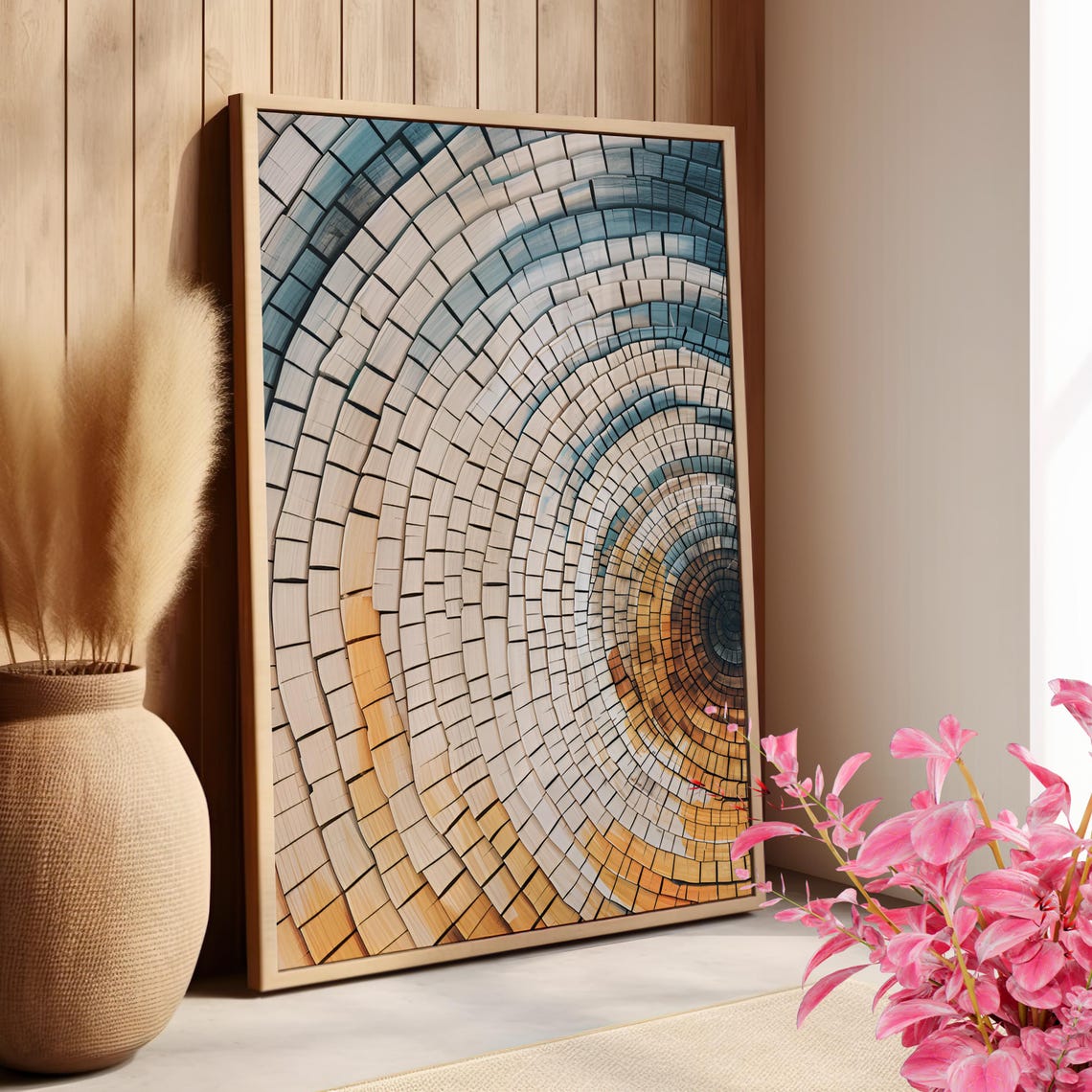 Concentric Tree Ring Mosaic In Blue Cream And Gold Abstract Wall Art