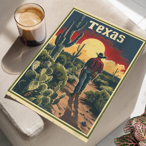 Cowboy Vintage Travel Print With Cactus In The Desert Texas Art Or Canvas Rustic Wild West Cacti Botanical Nature Wall Poster